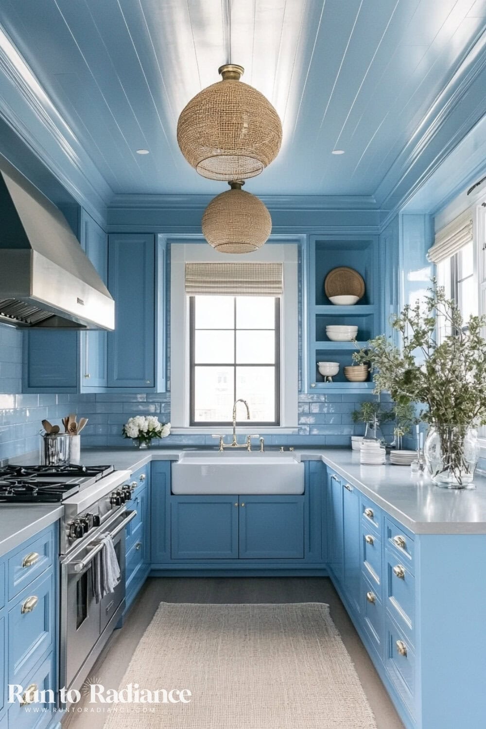 light blue color drenched kitchen