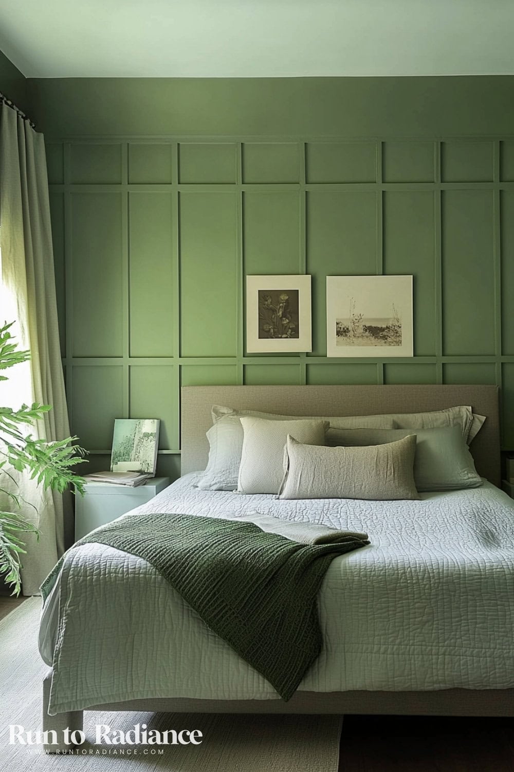 Color drenched green bedroom with paneled wall