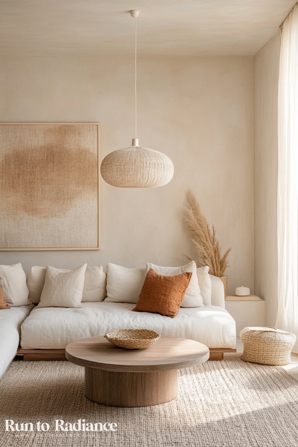 Modern boho living room in cream with cream furnishings, art, and rug.