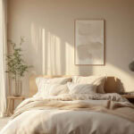 minimalist beige bedroom with beige linens on a platform bed