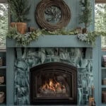 teal painted fireplace mantle with teal tile surround