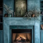 blue color drenched fireplace focal point