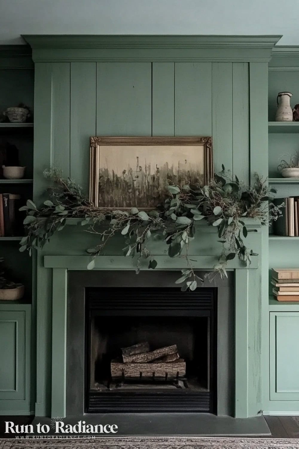 fireplace and built bookshelves color drenched in a dark sage.