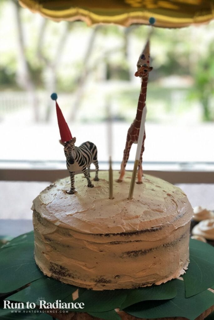 small rustic birthday cake with animal figures on top