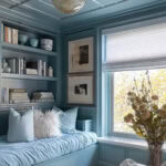 blue built ins in a small living space