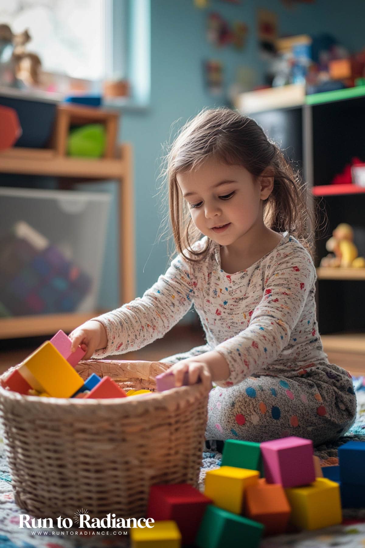 little girl cleaning up blocks in her room