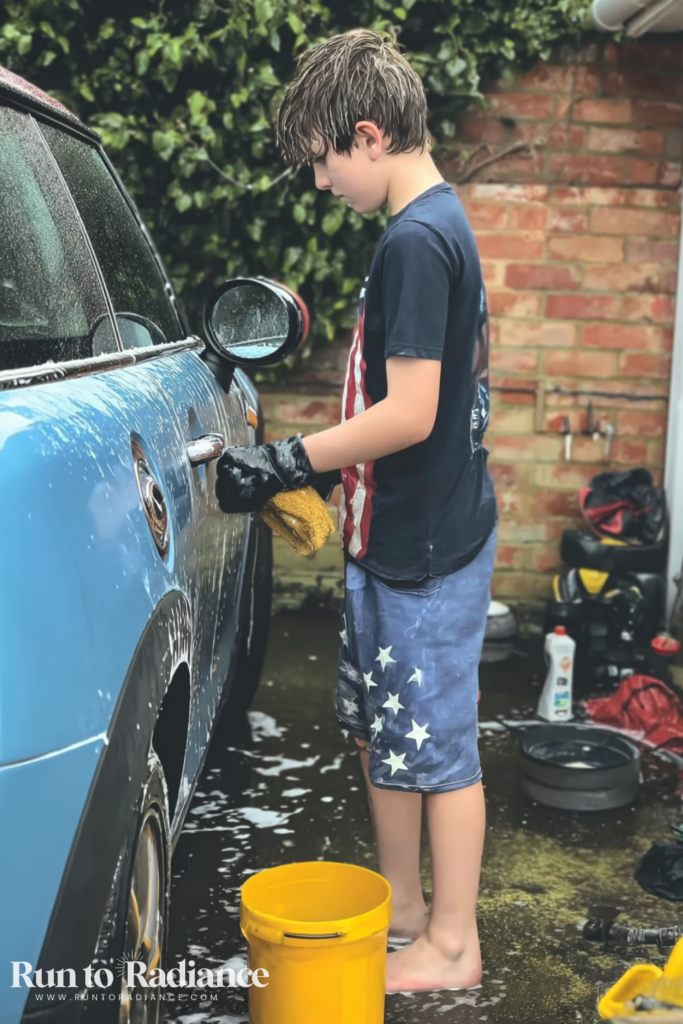 a teenage boy washing a car in the summer 