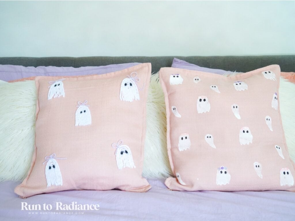 close up of 2 pink diy halloween pillows
