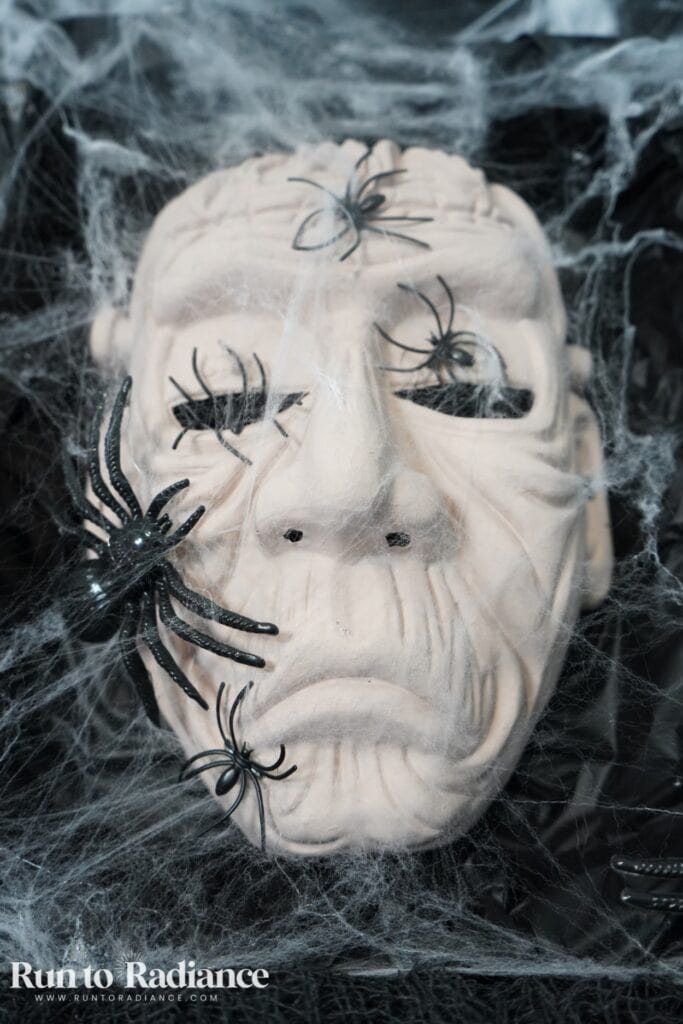 Close-up of a painted halloween mask with spiders and cobweb