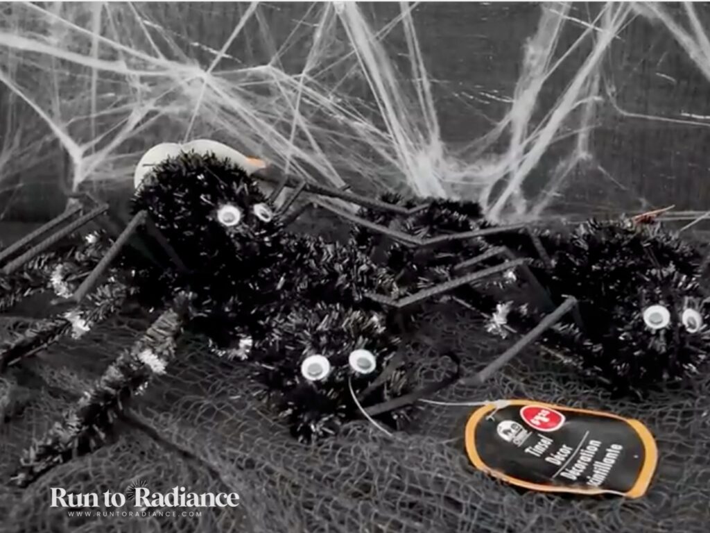 dollar tree tinsel spiders for a halloween craft