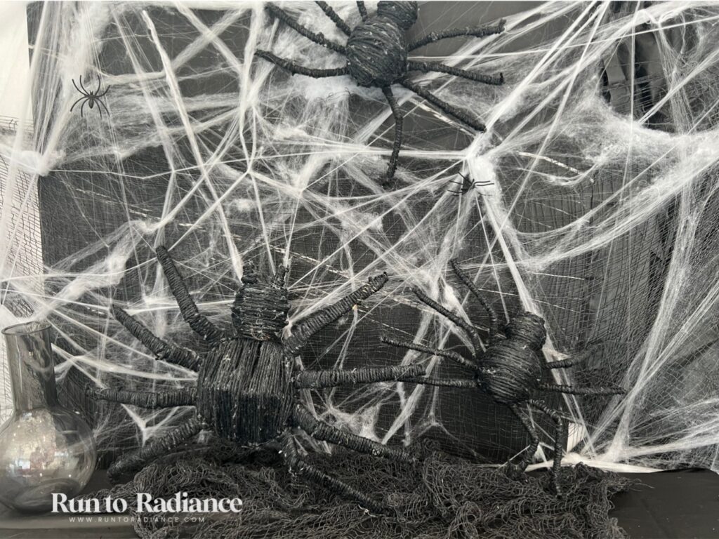Twine-wrapped spider styled on halloween cobweb decor