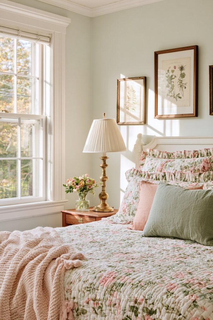 Cottagecore bedroom with a floral quilt and ruffled bedding