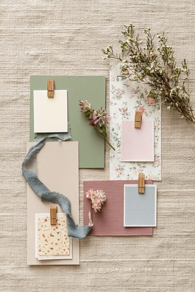 Cottagecore paint color palette with sage green, cream, and dusty rose swatches