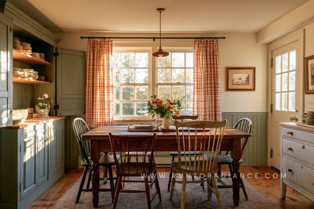 Cottagecore dining room with a wooden farmhouse table, mismatched chairs, and plaid curtains