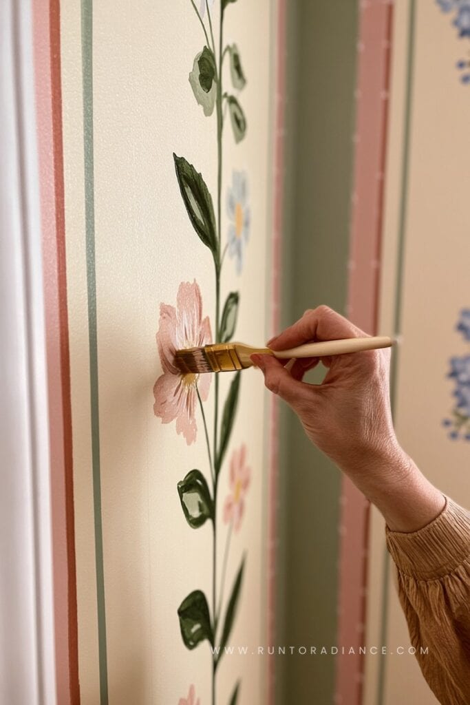 Hand-painting a floral vine stripe on a wall, cottagecore DIY decor idea