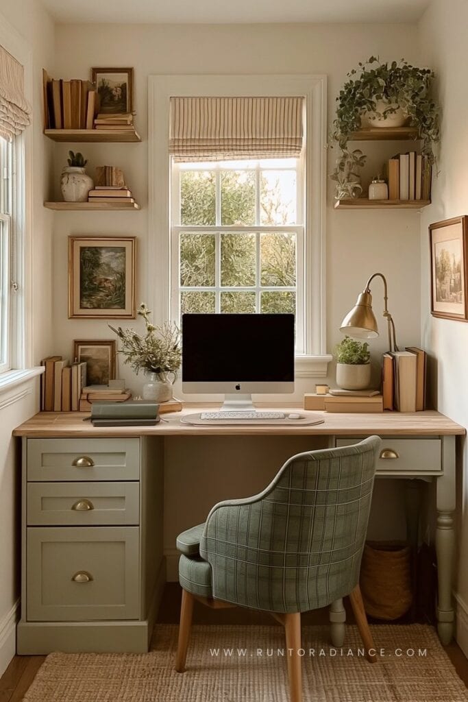 Cozy home office with wooden desk, plaid chair, wall art, open shelves