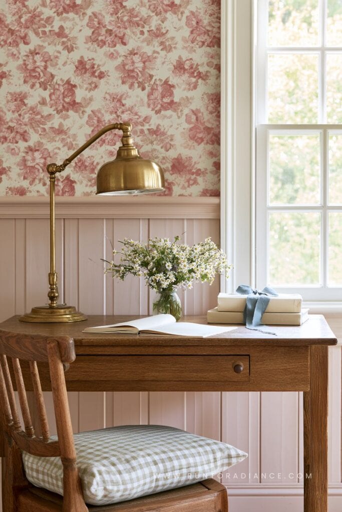 Feminine cottagecore home office with pink paneled walls toped with floral pink wallpaper, wooden writing desk and vintage accents
