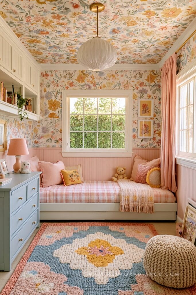 Cottagecore girl's room with blue dresser, pink bedspread, floral wallpaper on wall and ceiling