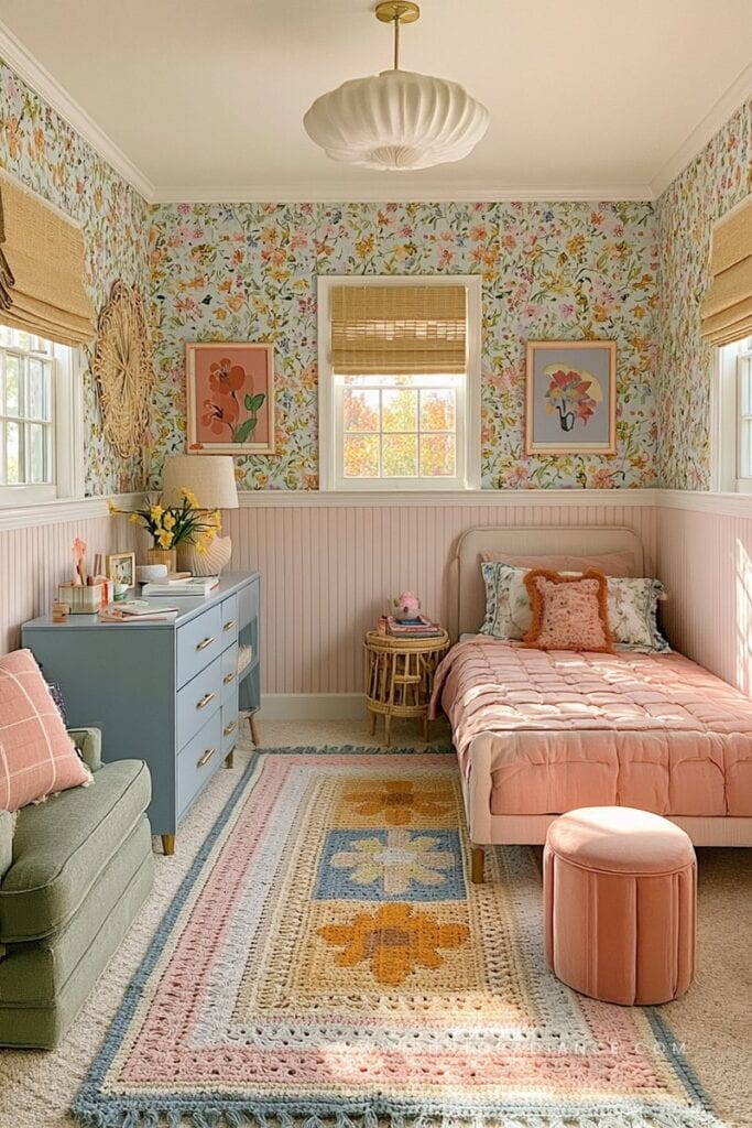 Cottagecore child's room in a bright, whimsical setting with floral wallpaper, pastel blue dresser, and crochet rug