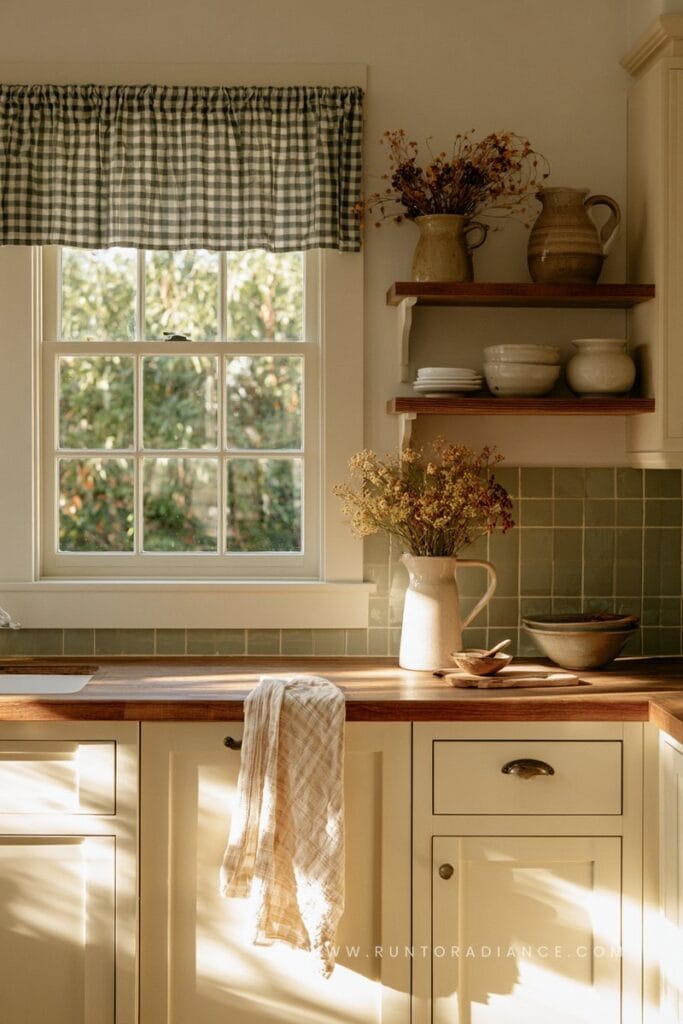Cozy cottagecore kitchen with cream cabinets, open wood shelving, and gingham cafe curtains