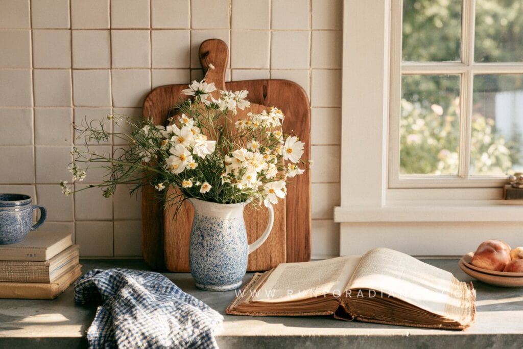 Cottagecore kitchen counter vignette with a wooden cutting board and pitcher of flowers