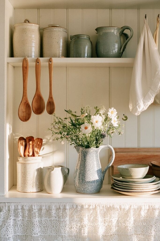 Cottagecore open kitchen shelf with stoneware crocks and dried herbs