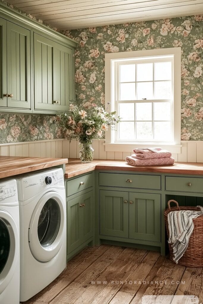 Cozy laundry room with sage green cabinets, floral wallpaper, and a window letting in natural light.
