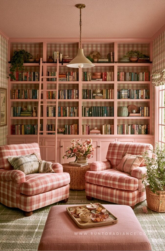 Feminine pink library with a wall of pastel pink bookshelves, pink plaid chairs and plaid wallpaper