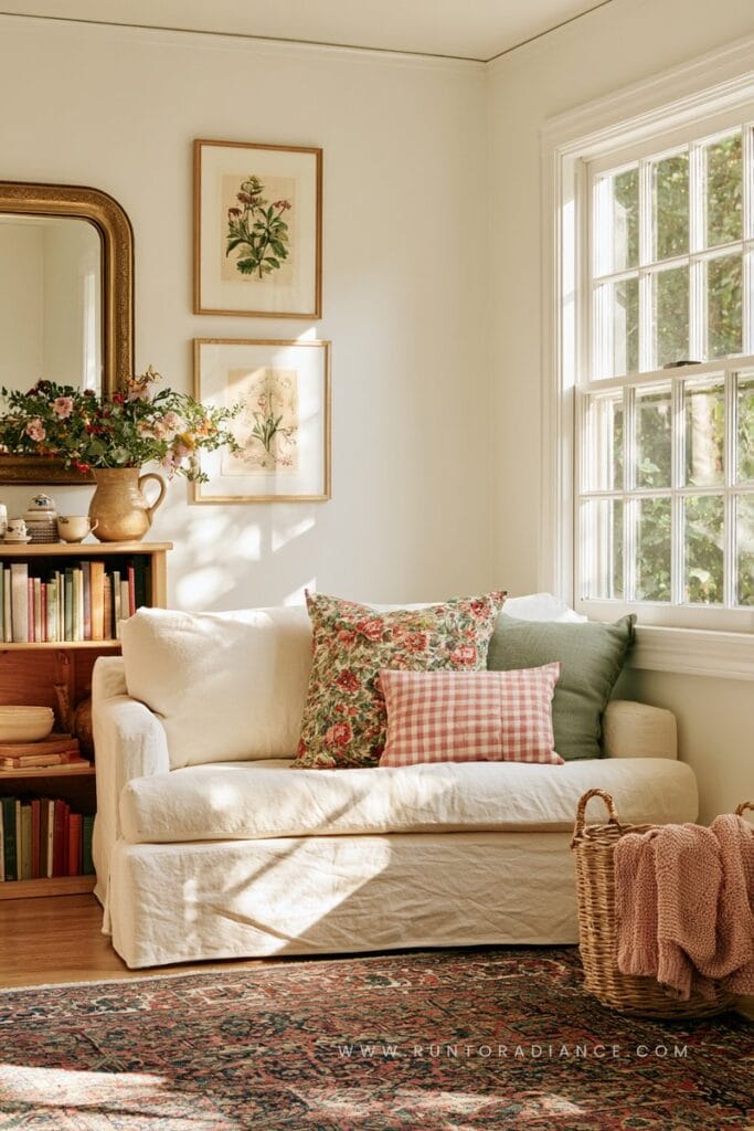 Cottagecore living room corner with a cream slipcovered sofa and floral pillows