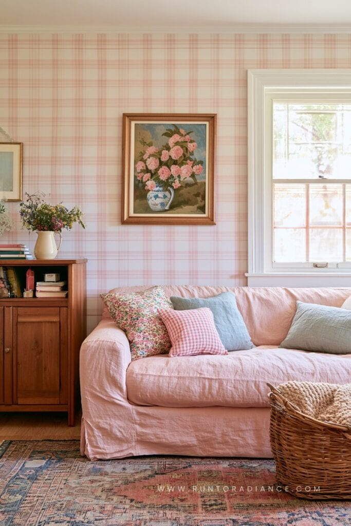Pink living room with pink plaid wallpaper, wooden bookshelf, and a wicker basket full of blankets
