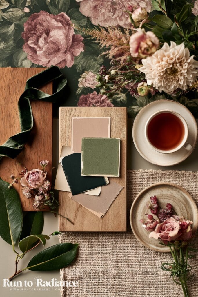 photo of the best dark cottagecore paint colors - a feminine palette flatlay with forest green, muave, taupe and navy swatches
