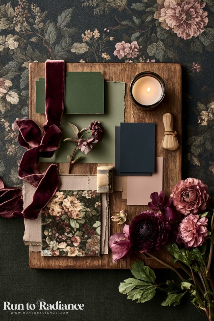 Dark cottagecore paint color palette flatlay with forest green and navy swatches.