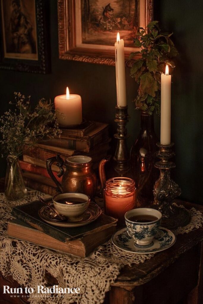 Dark cottagecore styling vignette with candles, books, and lace textures