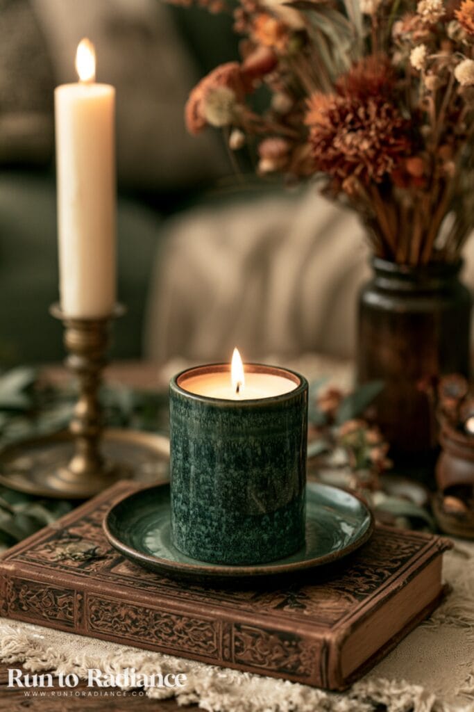 Lit candle on top of a book in a living room.