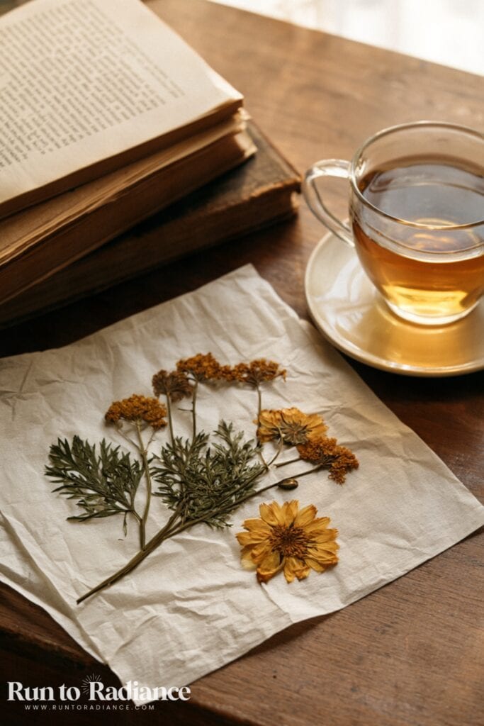 Pressed florals next to a cup of tea and an open book.