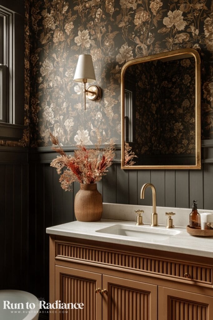 Dark cottagecore bathroom with floral wallpaper and wood vanity