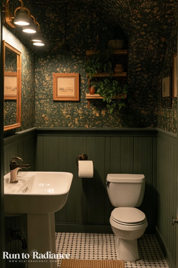 Dark forest green cottagecore bathroom with wall shelf
