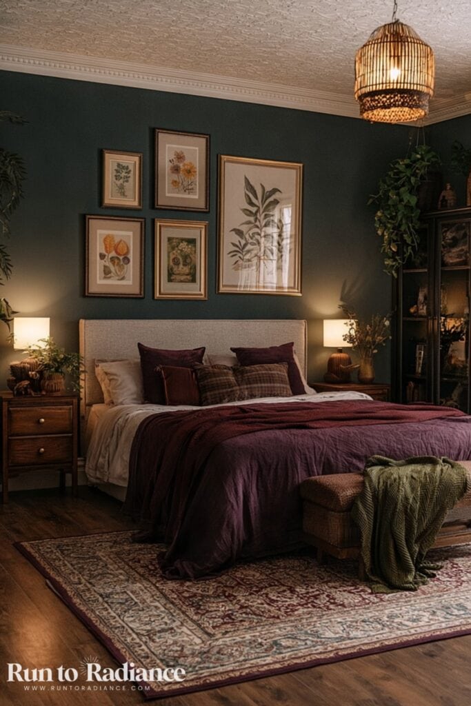 Dark cottagecore bedroom idea with forest green walls, purple bedding, and warm lighting.