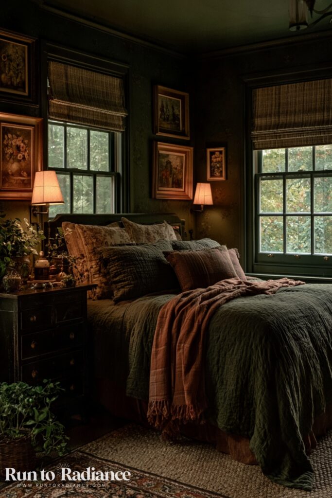 Dark cottagecore bedroom with green bedding, green walls, and dim lighting.