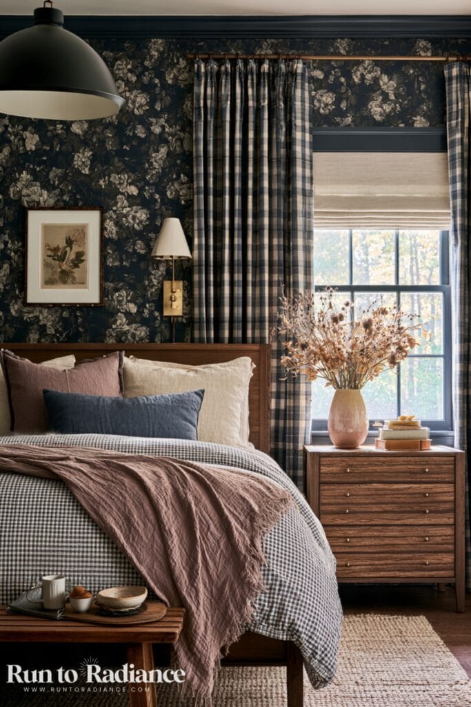 Dark cottagecore bedroom with dark navy floral wallpaper, plaid curtains, and dark plaid bedding.