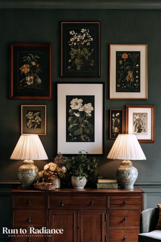 Entryway with a gallerywall of framed botanical prints