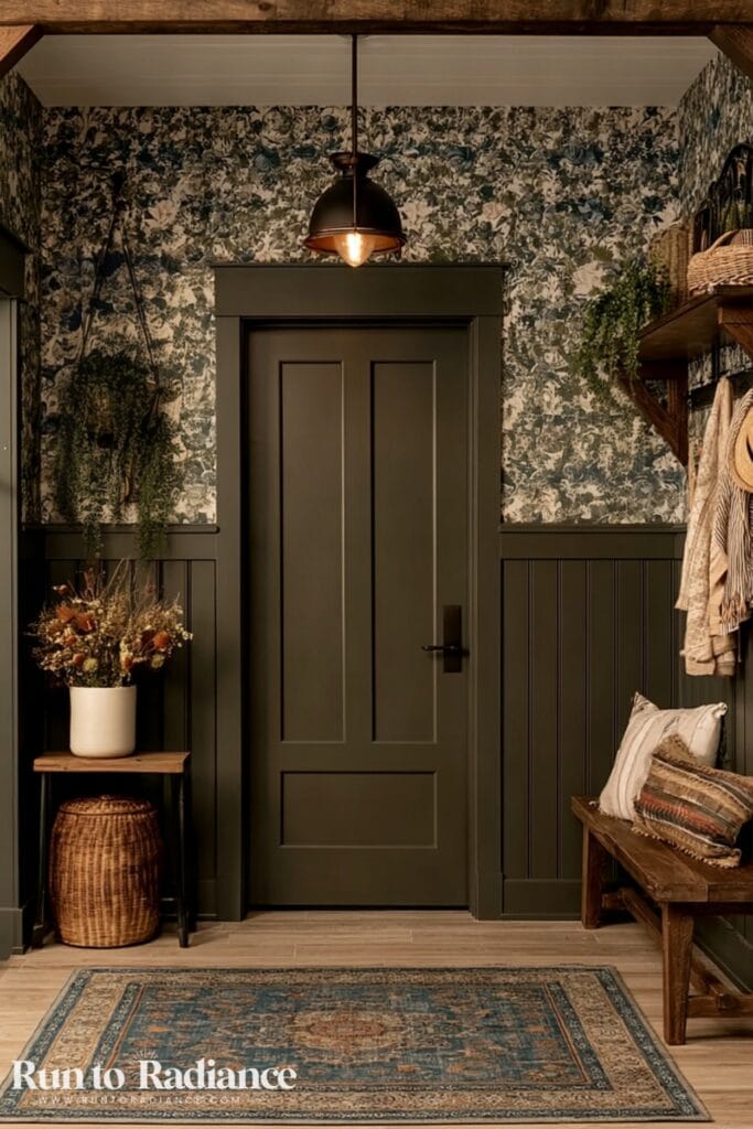 Dark cottagecore entryway with brown wainscoting topped with floral wallpaper and wood beams in ceiling.
