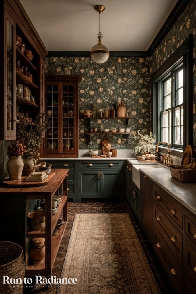 Dark cottagecore pantry or small kichen with sink, window, and wooden shelving.