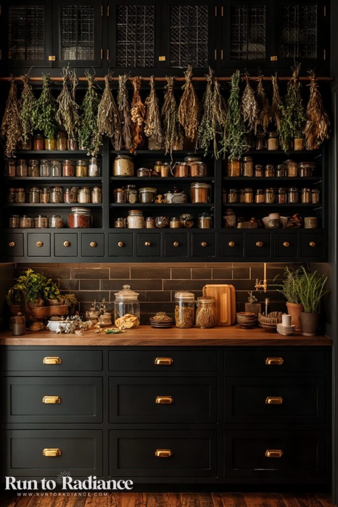 Dark cottagecore kitchen with black cabinets, brass hardware, and dried herb bundles