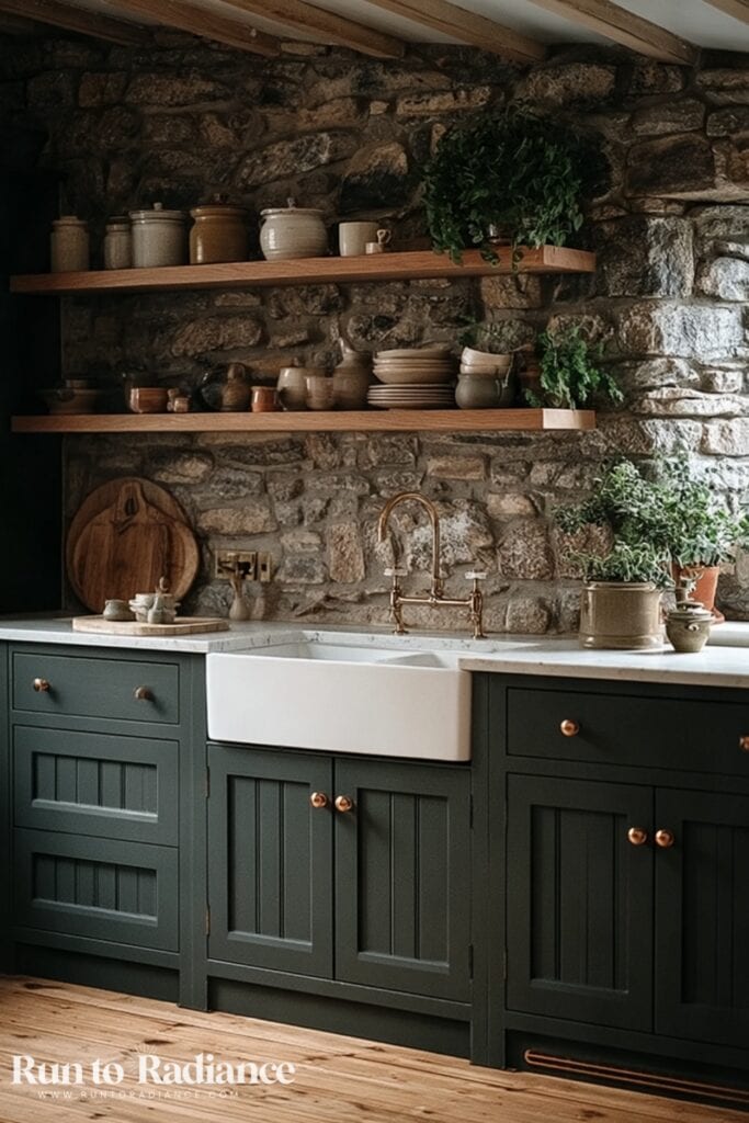 Dark cottagecore kitchen with stone backsplash, green cabinets, and plants.
