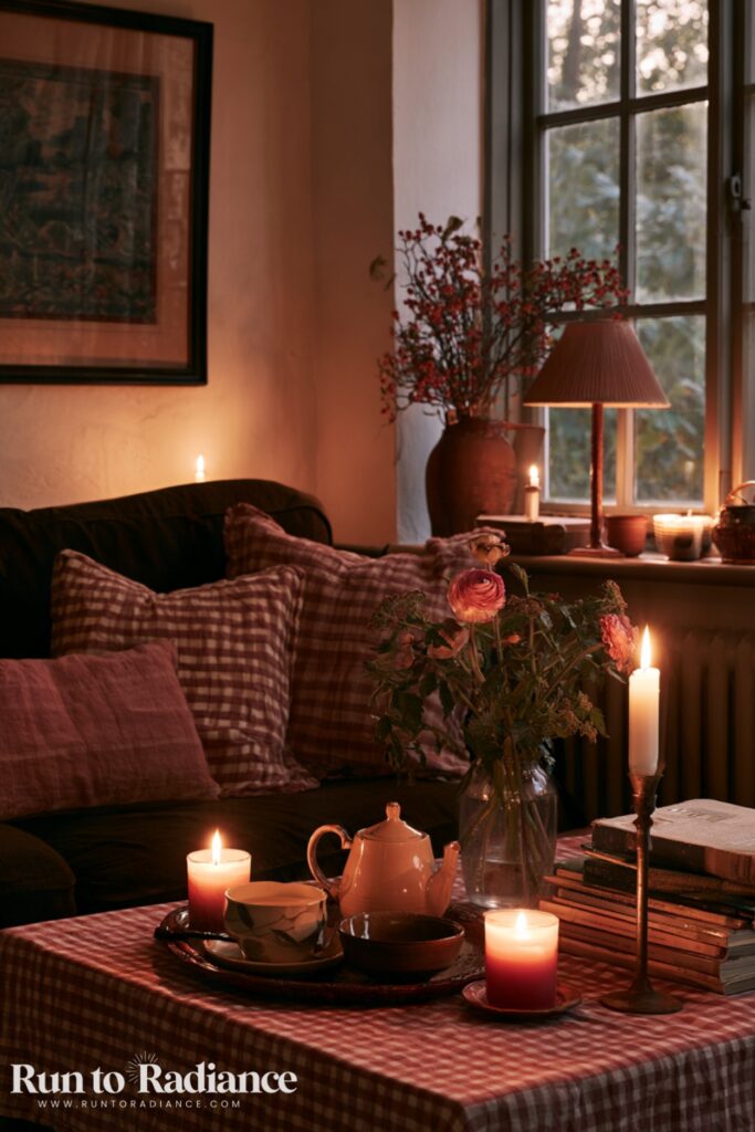 dark cottagecore living room at dusk with lit candles