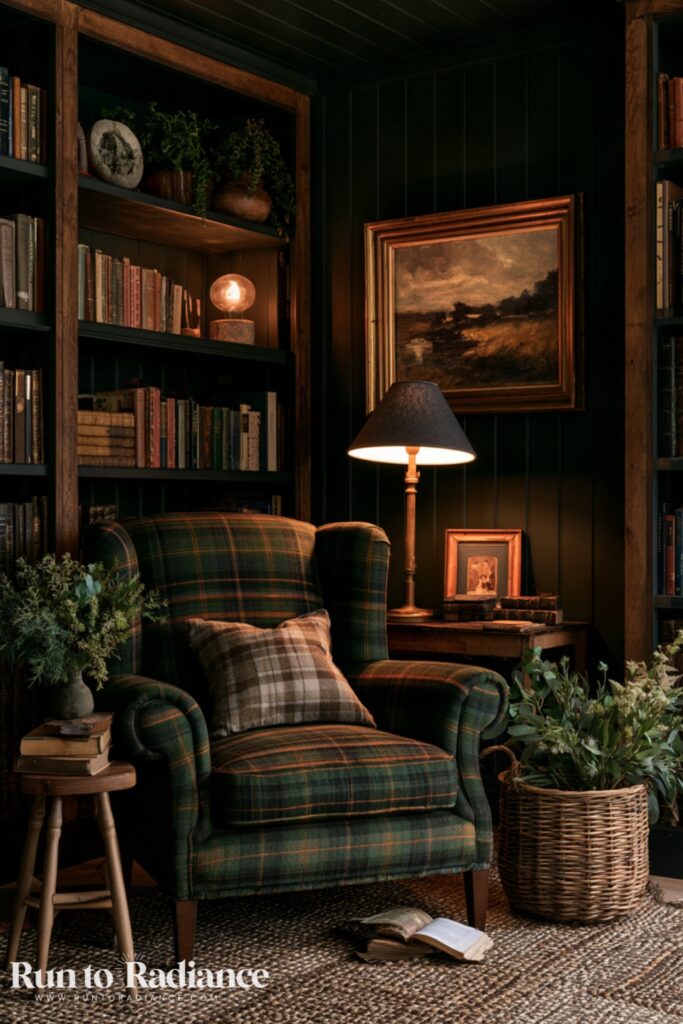 Cozy dark cottagecore reading nook with lamps, plants, and a green plaid armchair