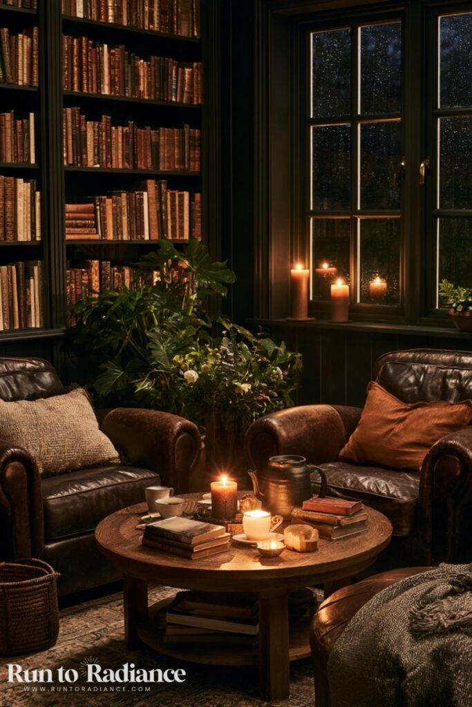 Cozy seating area in a dark colored cottage library with candles, tea, comfy arm chairs, and a wall of bookshelves with books.