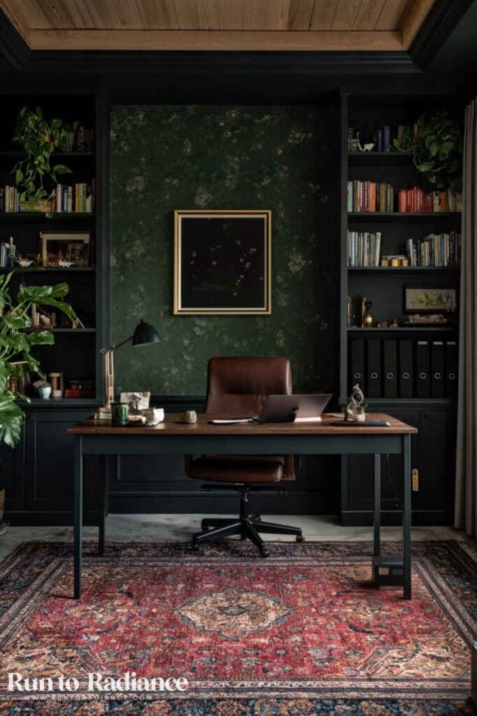 Dark cottagecore office with moody accents.