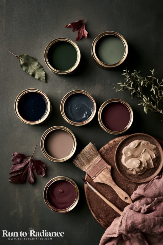 Dark cottagecore paint colors - shades of green, muave, eggplant, black, and blue.